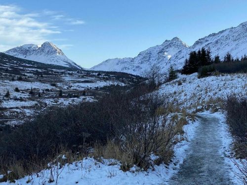 A snowy mountain landscape with a winding path, surrounded by hills and trees under a clear blue sky.