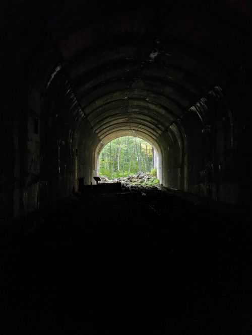 A dark tunnel with a view of greenery at the end, surrounded by concrete walls.