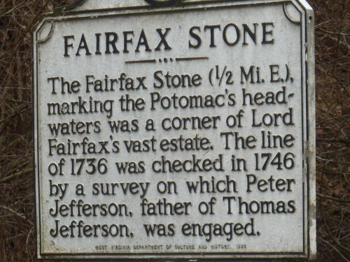 Sign for Fairfax Stone, detailing its historical significance and connection to Lord Fairfax and Peter Jefferson.