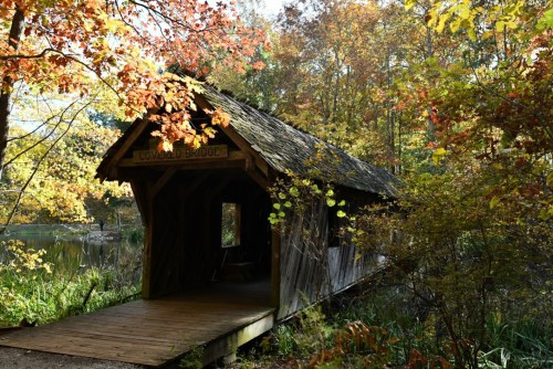 A rustic covered bridge surrounded by vibrant autumn foliage and a serene pond.