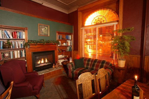 Cozy living room with a fireplace, bookshelves, and a large window showcasing warm sunlight.
