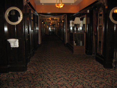 A dimly lit hallway with dark wooden walls, ornate mirrors, and a patterned carpet. Soft lighting adds a warm ambiance.