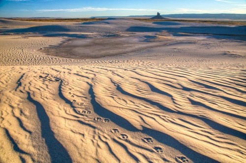 Footprints in the sand lead across rippled dunes, with a distant rock formation under a clear blue sky.