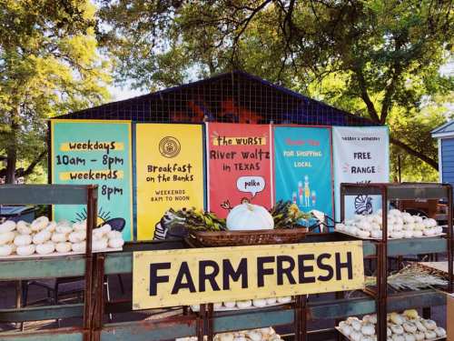 A colorful farm stand displays signs for local produce, with pumpkins and squash in front, under a tree-shaded area.
