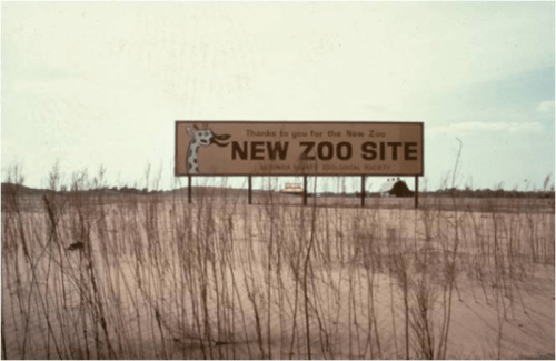 Billboard announcing a new zoo site, featuring a cow graphic, surrounded by dry grass and an open landscape.