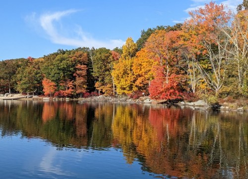 A serene lake reflecting vibrant autumn trees in shades of red, orange, and yellow under a clear blue sky.