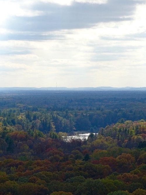 A panoramic view of a forested landscape with a river, under a cloudy sky and distant mountains.