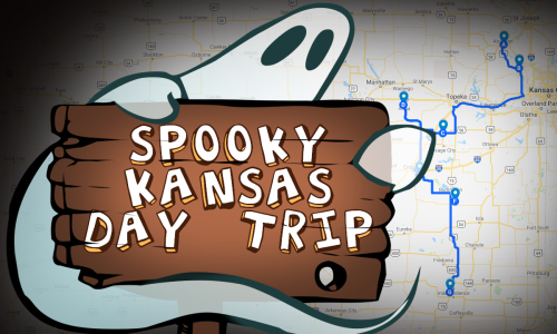 A cartoon ghost holds a sign reading "Spooky Kansas Day Trip" over a map with a route marked in blue.