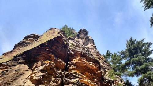 A towering rock formation under a clear blue sky, surrounded by tall trees.