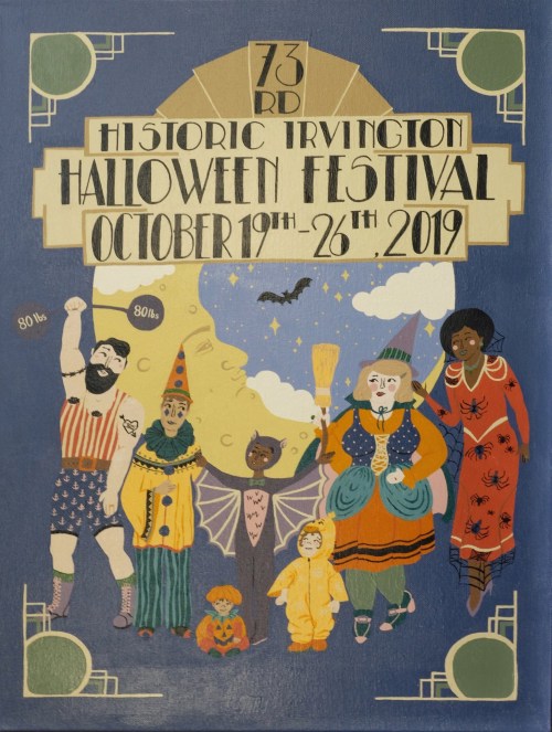 Colorful poster for the 73rd Historic Irvinton Halloween Festival, featuring festive characters and event dates.