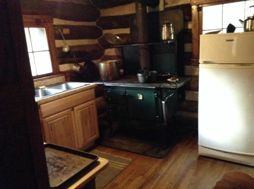 Cozy log cabin kitchen featuring a vintage stove, sink, and refrigerator with wooden cabinets and rustic decor.