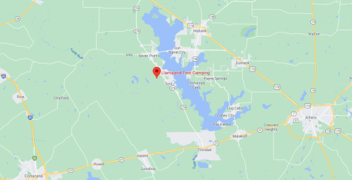 Map showing the location of Llamaland Tent Camping near Seven Points, Texas, surrounded by lakes and highways.