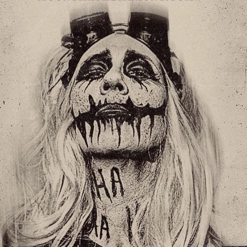 A person with dramatic makeup, long hair, and a haunting expression, featuring black tears and a sinister smile.