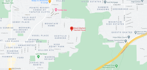 Map showing the location of Mount Mayhem Haunted House, near various residential areas and roads.