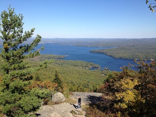 A person stands on a rocky overlook, gazing at a vast lake surrounded by lush green hills under a clear blue sky.