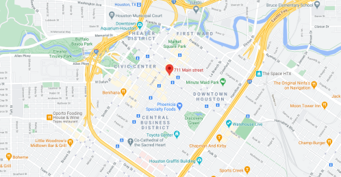 Map showing the Civic Center area in downtown Houston, highlighting 711 Main Street and nearby landmarks.