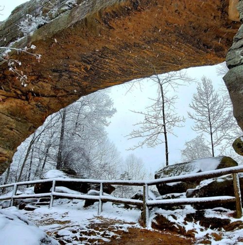 Snow-covered landscape featuring a stone arch, surrounded by trees and rocky terrain under a gray sky.