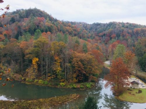 A serene landscape featuring a river winding through vibrant autumn trees and rolling hills under a cloudy sky.