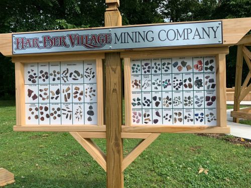 Signboard displaying various mineral and fossil samples at Har-Ber Village Mining Company.