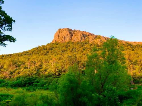 A rocky mountain peak rises above a lush green landscape under a clear blue sky. Sunlight casts a warm glow on the scene.