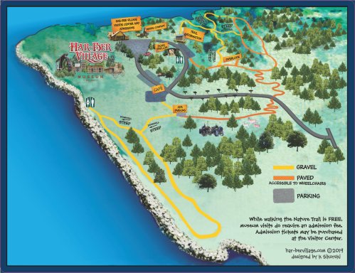 Map of Har-Ber Village showing trails, parking, and accessibility options for visitors.