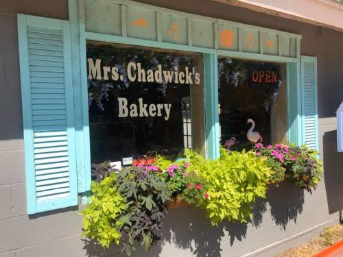 A bakery window with "Mrs. Chadwick's Bakery" sign, colorful flowers, and an "OPEN" sign. Bright and inviting atmosphere.