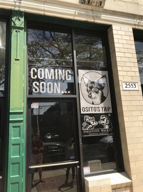Sign on a storefront window announcing "Coming Soon" for "Osito's Tap," with a cat illustration.