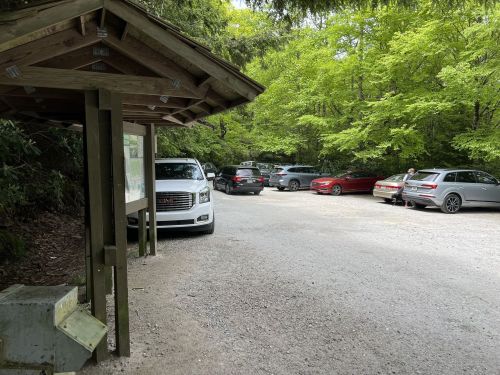 A gravel parking area surrounded by trees, with several cars parked and a wooden shelter on the left.