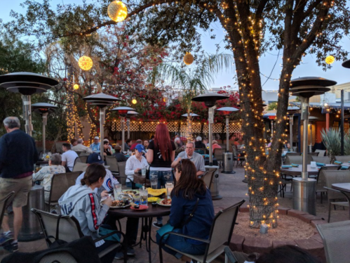 Outdoor dining scene with people at tables, string lights, and patio heaters in a lively restaurant atmosphere.