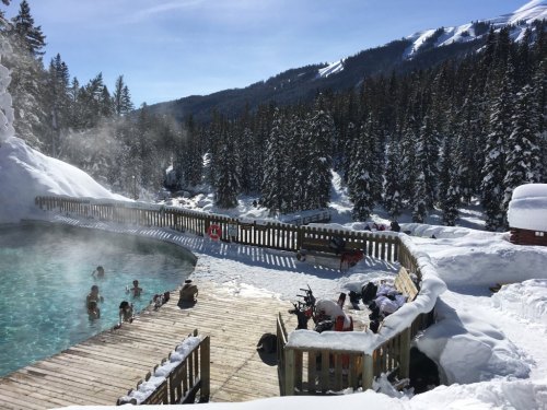 A scenic outdoor hot spring surrounded by snow-covered trees and mountains, with people relaxing in the water.