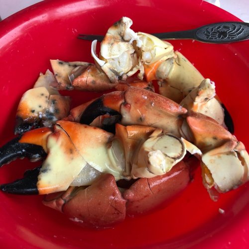A red bowl filled with cracked crab claws, showcasing their orange and black shells. A fork rests beside the bowl.