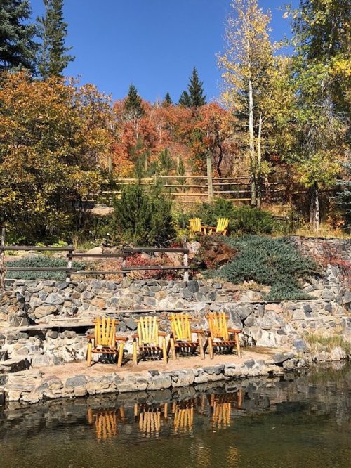 A serene lakeside scene with four yellow chairs, surrounded by colorful autumn foliage and a rocky shoreline.
