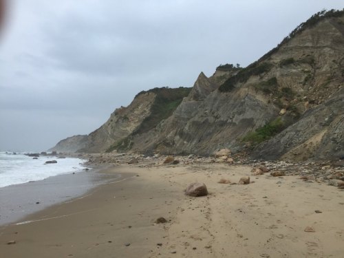 A rocky beach with steep cliffs under a cloudy sky, waves gently lapping at the shore.