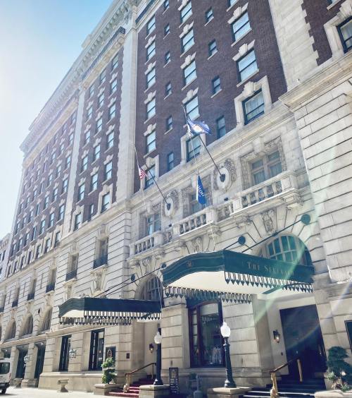 Historic hotel exterior with ornate architecture, flags, and a green awning. Bright sunlight illuminates the scene.