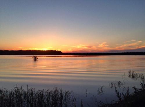 A serene lake at sunset, with gentle ripples and a silhouette of trees against a colorful sky.