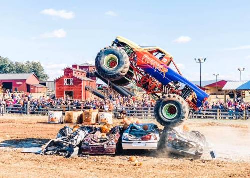 A monster truck leaps over crushed cars at a lively outdoor event, with a crowd and barns in the background.