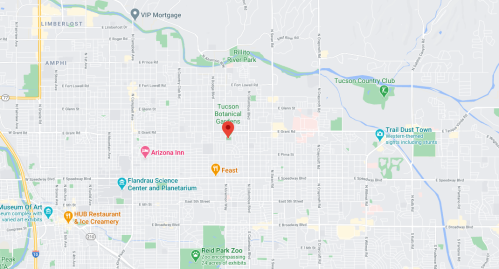 Map of Tucson, Arizona, highlighting Tucson Botanical Gardens and nearby landmarks.