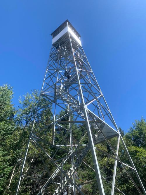 A tall metal fire lookout tower surrounded by trees under a clear blue sky.