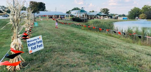 A child walks along a grassy path lined with festive banners at Kintman Farms Fall Fest, with a pond and buildings in the background.
