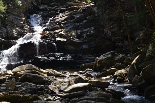 A serene waterfall cascades over rocky terrain, surrounded by lush greenery and sunlight filtering through the trees.