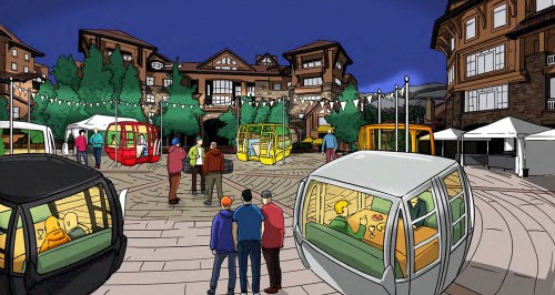 A vibrant plaza at night with colorful gondolas, people mingling, and charming buildings in the background.