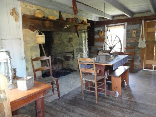 A rustic kitchen with a stone fireplace, wooden table, chairs, and vintage kitchenware, evoking a cozy, historical atmosphere.