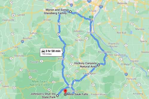 Map showing a route from the Glassberg family location to Mina Sauk Falls, including Johnson's Shut-Ins State Park.