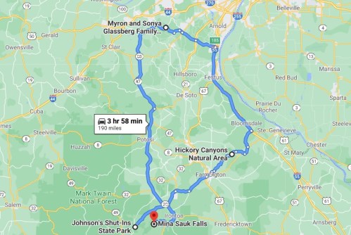 Map showing a route from the Glassberg family location to Mina Sauk Falls, including Johnson's Shut-Ins State Park.