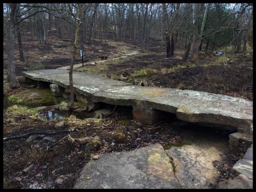 A stone bridge over a small stream in a wooded area, surrounded by bare trees and patches of grass.