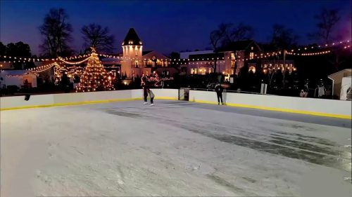 A winter scene featuring an outdoor ice rink, twinkling lights, and a decorated tree against a twilight sky.