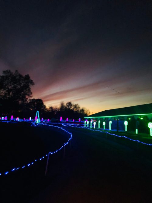 A winding path illuminated by colorful lights against a twilight sky with silhouettes of trees in the background.