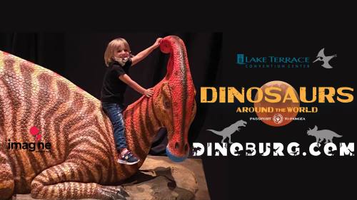A child sits on a large dinosaur statue at a dinosaur exhibit, with event details displayed alongside.