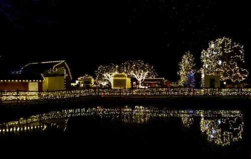 A festive scene at night with illuminated trees and buildings reflecting in a calm pond.