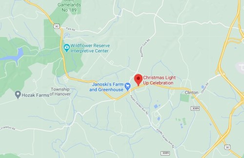 Map showing the location of the Christmas Light Up Celebration near Clinton, with nearby landmarks and roads.